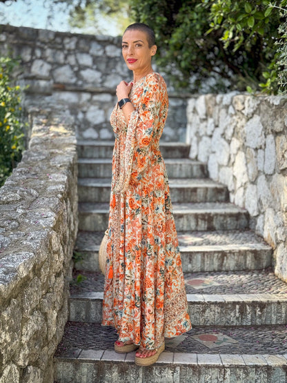 Robe longue boho en soie, robe vintage en soie, robe décolleté, robe smockée, robe gypsy bohème, robe manches évasées, robe d'été