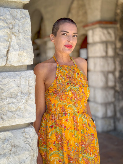 Silk backless dress / Silk smocked dress / Vintage mid-length dress / midi dress / summer dress / light dress