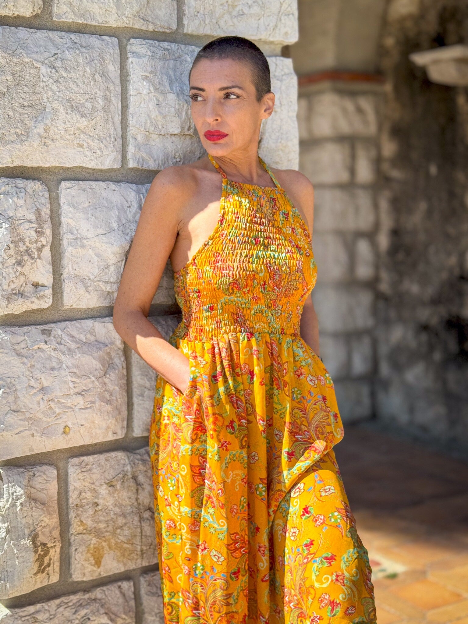 Silk backless dress / Silk smocked dress / Vintage mid-length dress / midi dress / summer dress / light dress