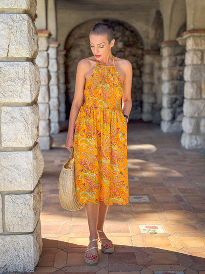 Silk backless dress / Silk smocked dress / Vintage mid-length dress / midi dress / summer dress / light dress