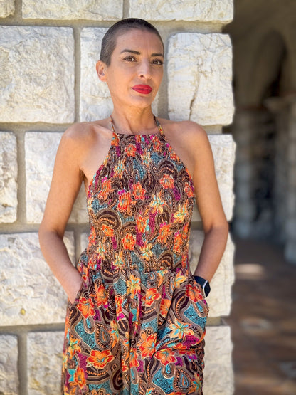 Silk backless dress / Silk smocked dress / Vintage mid-length dress / midi dress / summer dress / light dress