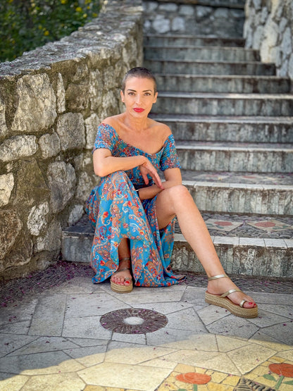 Bohemian silk dress / Silk smocked dress / Off the shoulder dress / summer dress / short sleeve dress