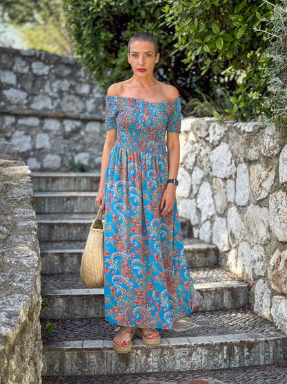 Bohemian silk dress / Silk smocked dress / Off the shoulder dress / summer dress / short sleeve dress