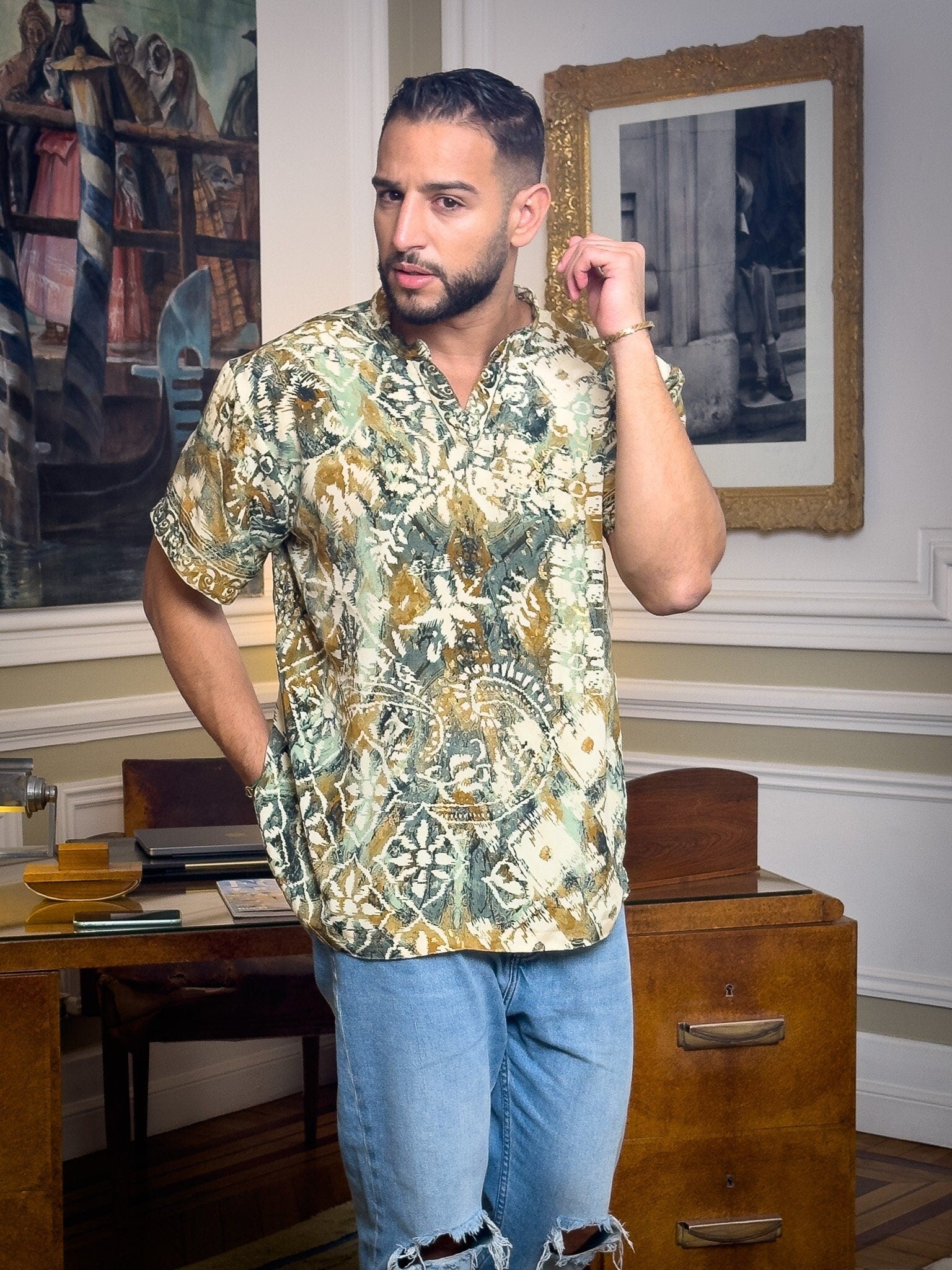 T-shirt Col Mao / T-shirt homme en soie / T-shirt col V / T-shirt ajusté en soie / vêtement pour homme / Cadeau pour lui