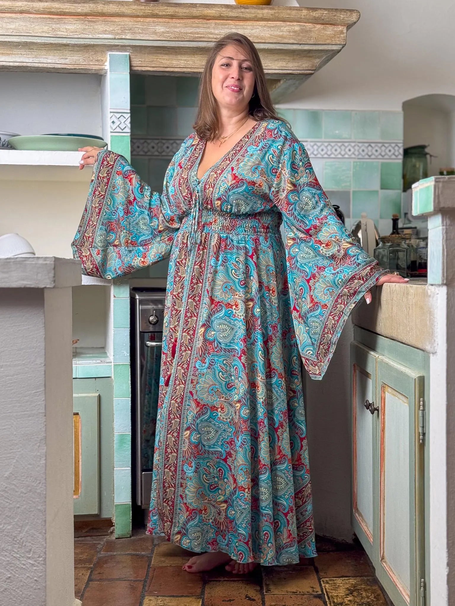 Long boho silk dress, vintage silk dress, plunging neckline dress, shirring dress, bohemian gypsy dress, flared sleeve dress, summer dress