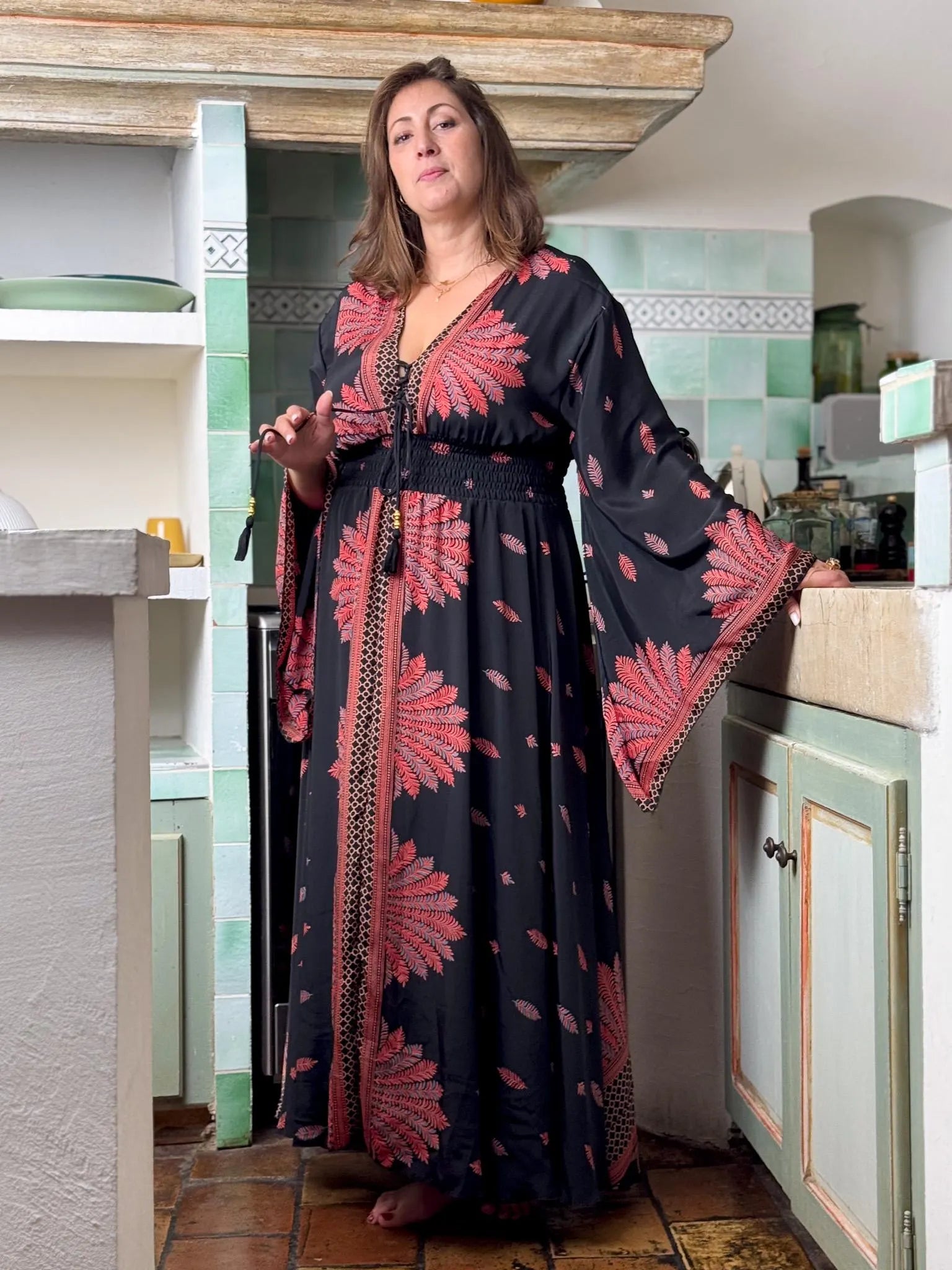 Long boho silk dress, vintage silk dress, plunging neckline dress, shirring dress, bohemian gypsy dress, flared sleeve dress, summer dress
