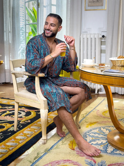 Men’s patterned silk and rayon kimono worn seated