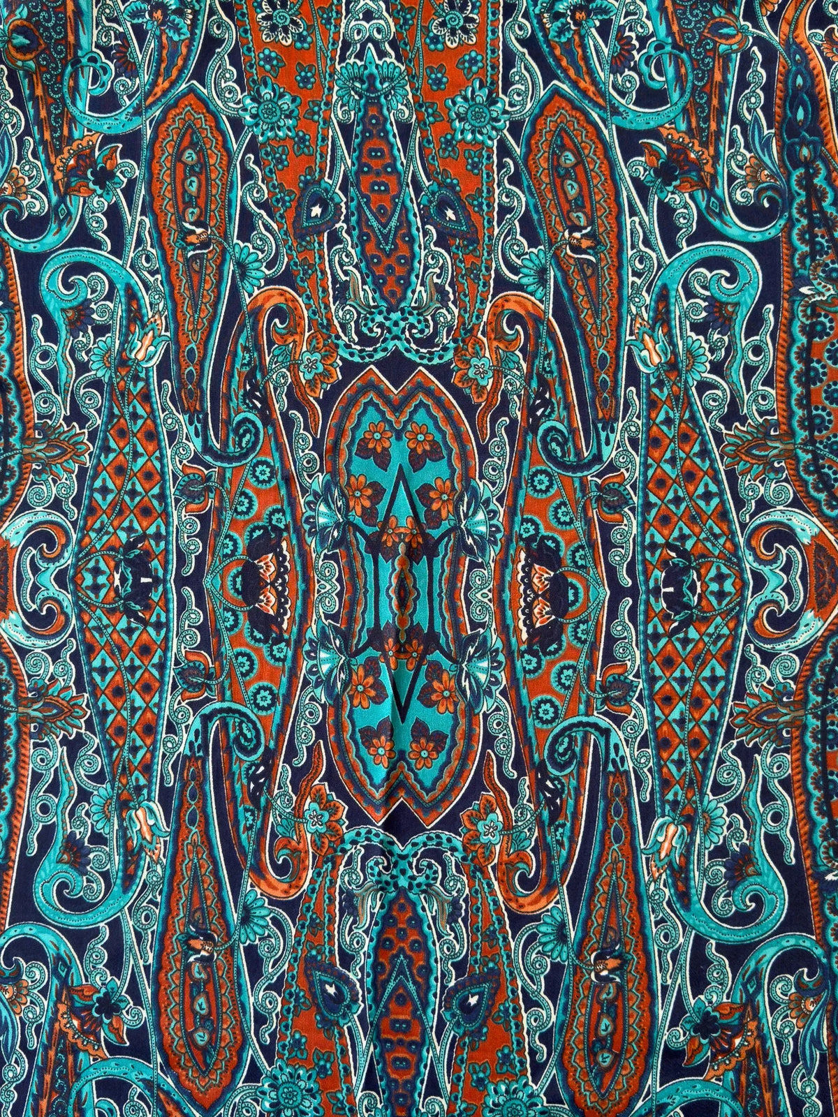 Close-up of the kimono’s multicoloured paisley pattern