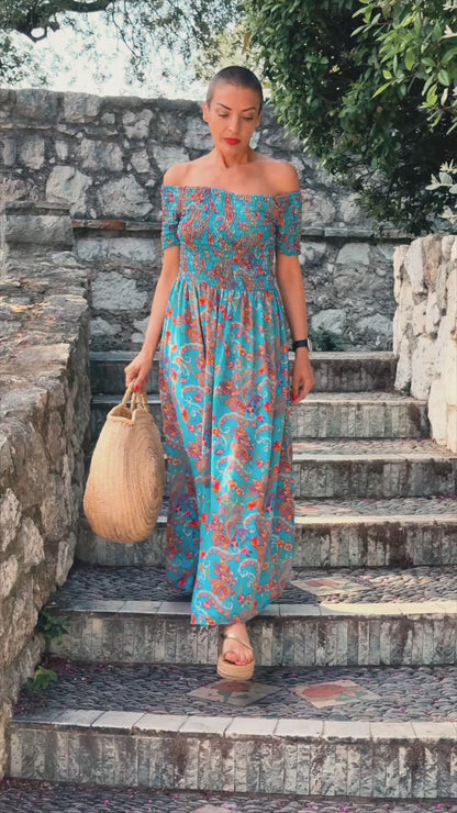 Bohemian silk dress / Silk smocked dress / Off the shoulder dress / summer dress / short sleeve dress