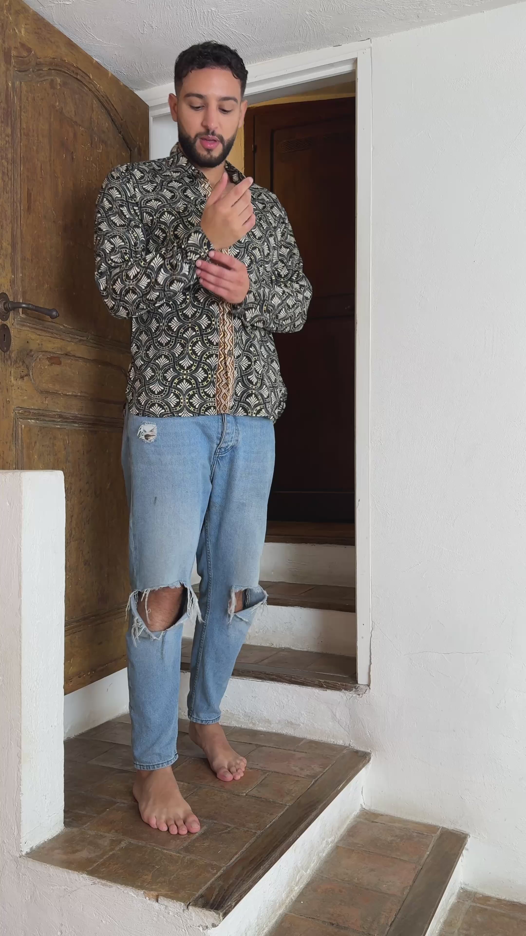 Retro Large French Collar Silk Shirt - Long Sleeve Shirt - Boho Chic Shirt, Vintage Shirt, Men’s Chic Shirt