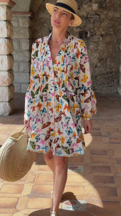 Women’s Short Cotton Dress with Butterfly Print – Loose Fit, Long Sleeves
