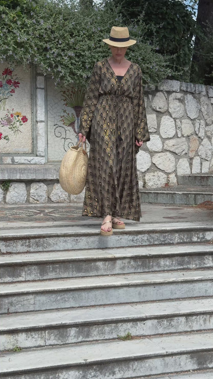 Long boho silk dress, vintage silk dress, plunging neckline dress, shirring dress, bohemian gypsy dress, summer dress
