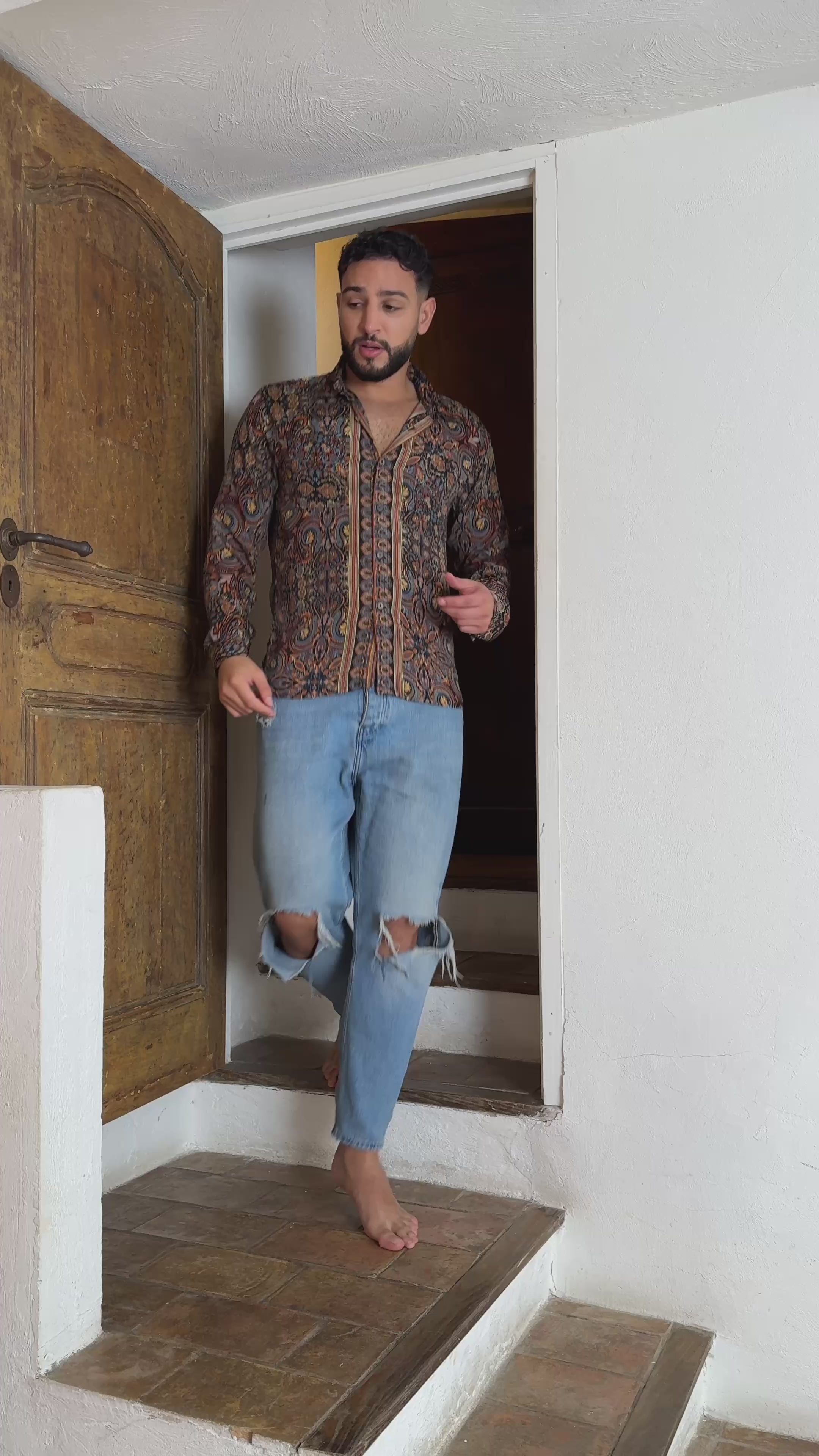 Retro Large French Collar Silk Shirt - Long Sleeve Shirt - Boho Chic Shirt, Vintage Shirt, Men’s Chic Shirt