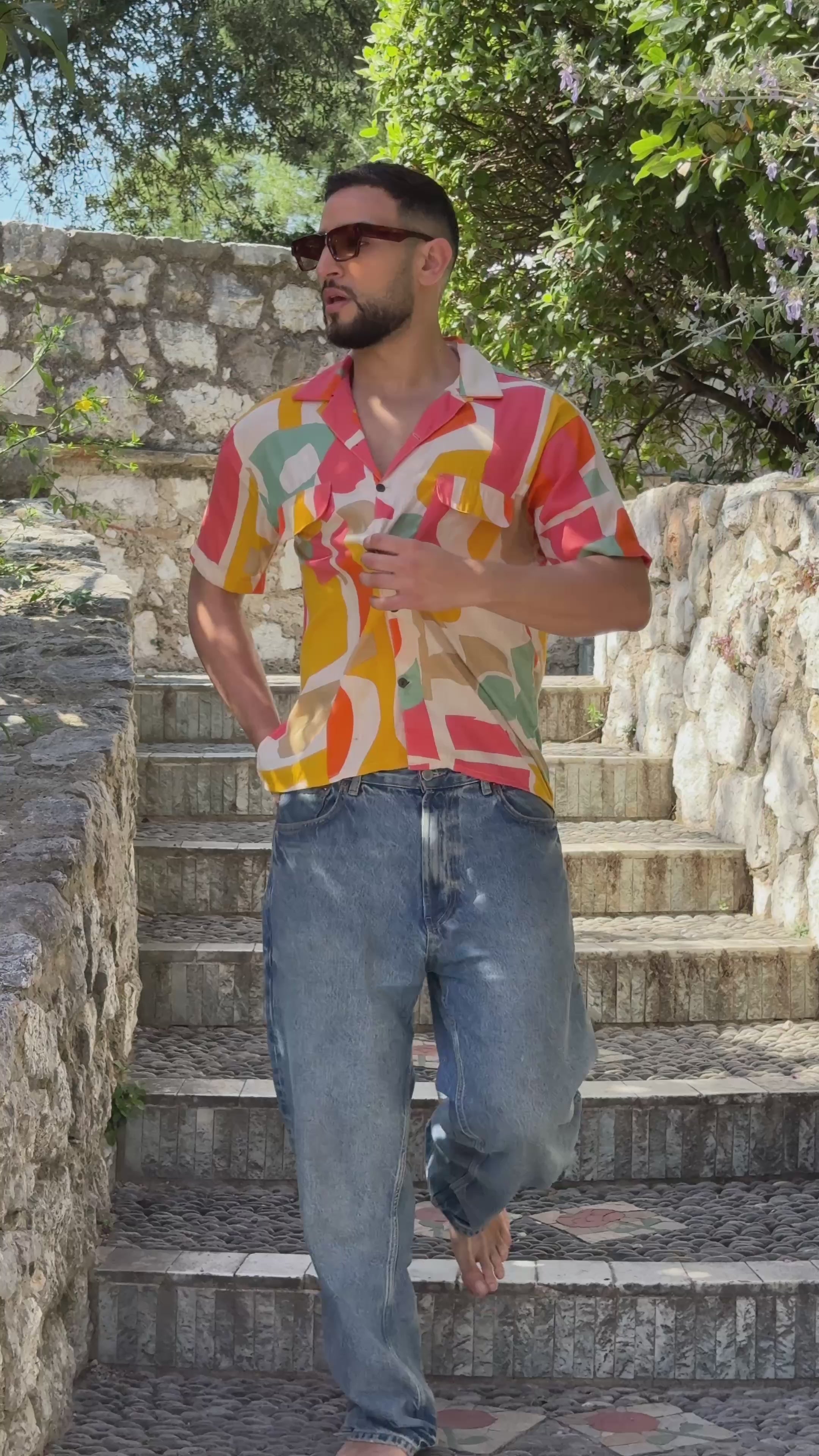 Men’s Vintage short sleeves Shirt – Cuban Collar, Coconut Buttons & Retro Charm – Gift for Him
