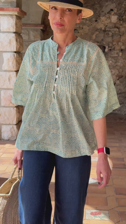 Women’s Cotton Block Print Blouse – Tunisian Collar, Short Sleeves, Flowy Fit