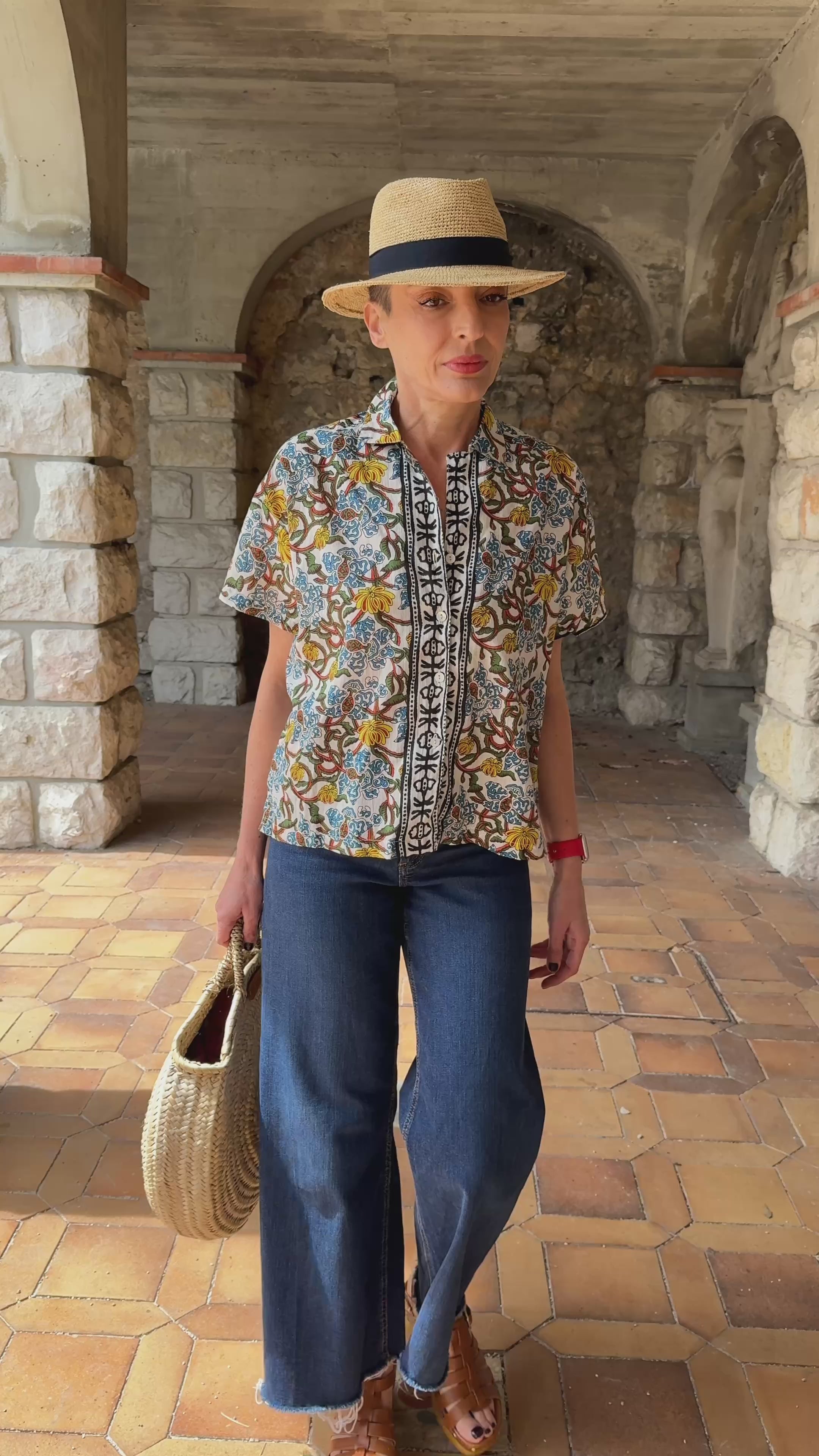 Women’s Cotton Block Print Blouse – 3/4 Sleeves, Coconut Buttons, Relaxed Fit