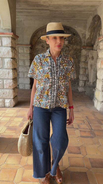 Women’s Cotton Block Print Blouse – 3/4 Sleeves, Coconut Buttons, Relaxed Fit