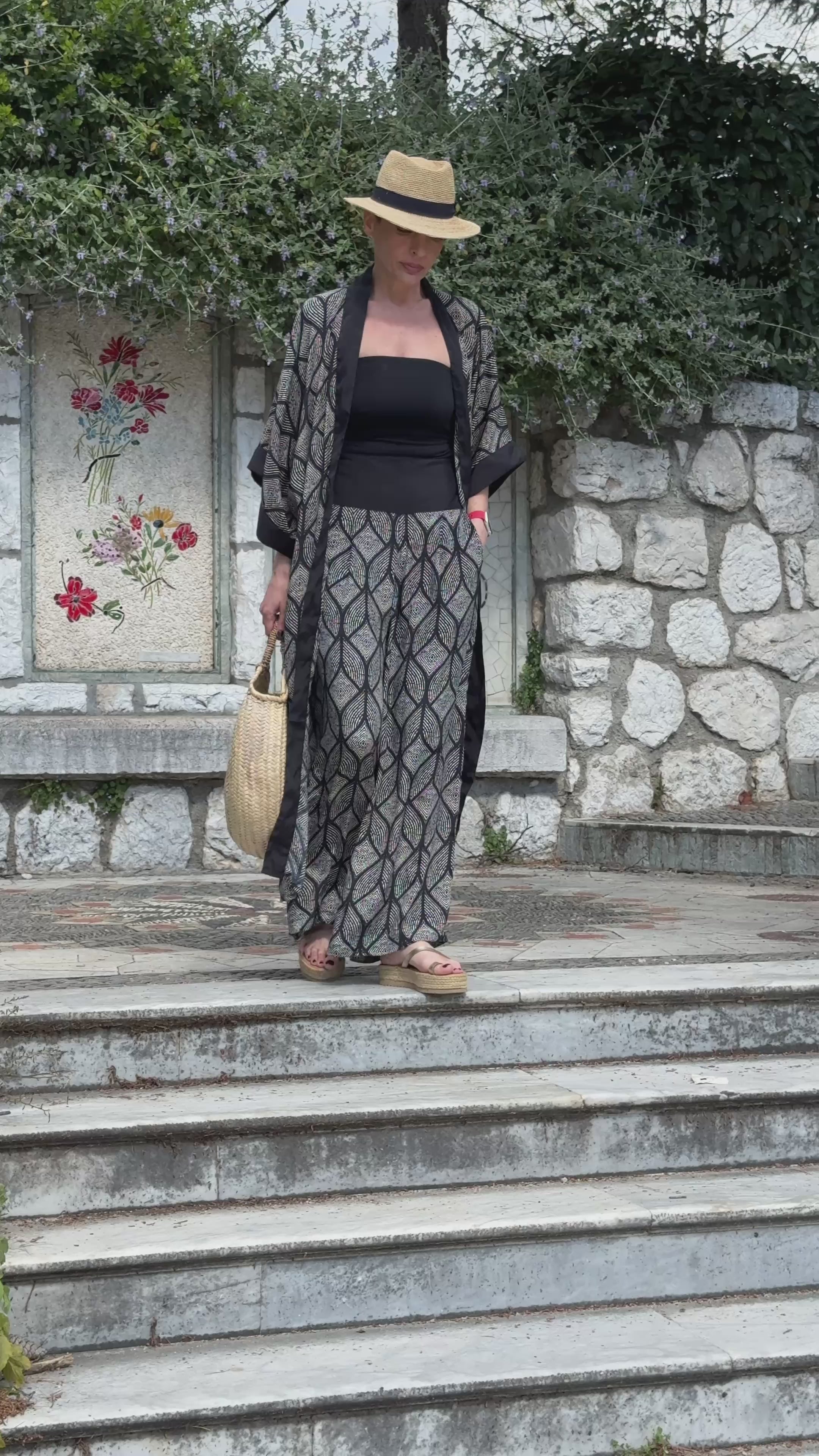 Ensemble kimono et pantalon palazzo en soie - Kimono style seventies - ensemble casual chic en soie - pantalon large en soie