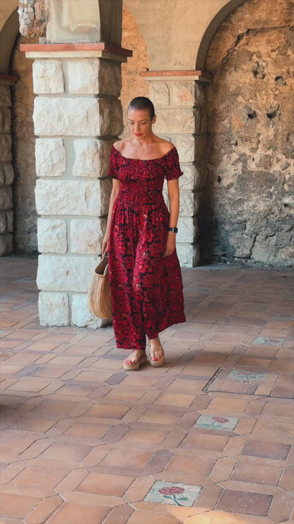 Bohemian silk dress / Silk smocked dress / Off the shoulder dress / summer dress / short sleeve dress
