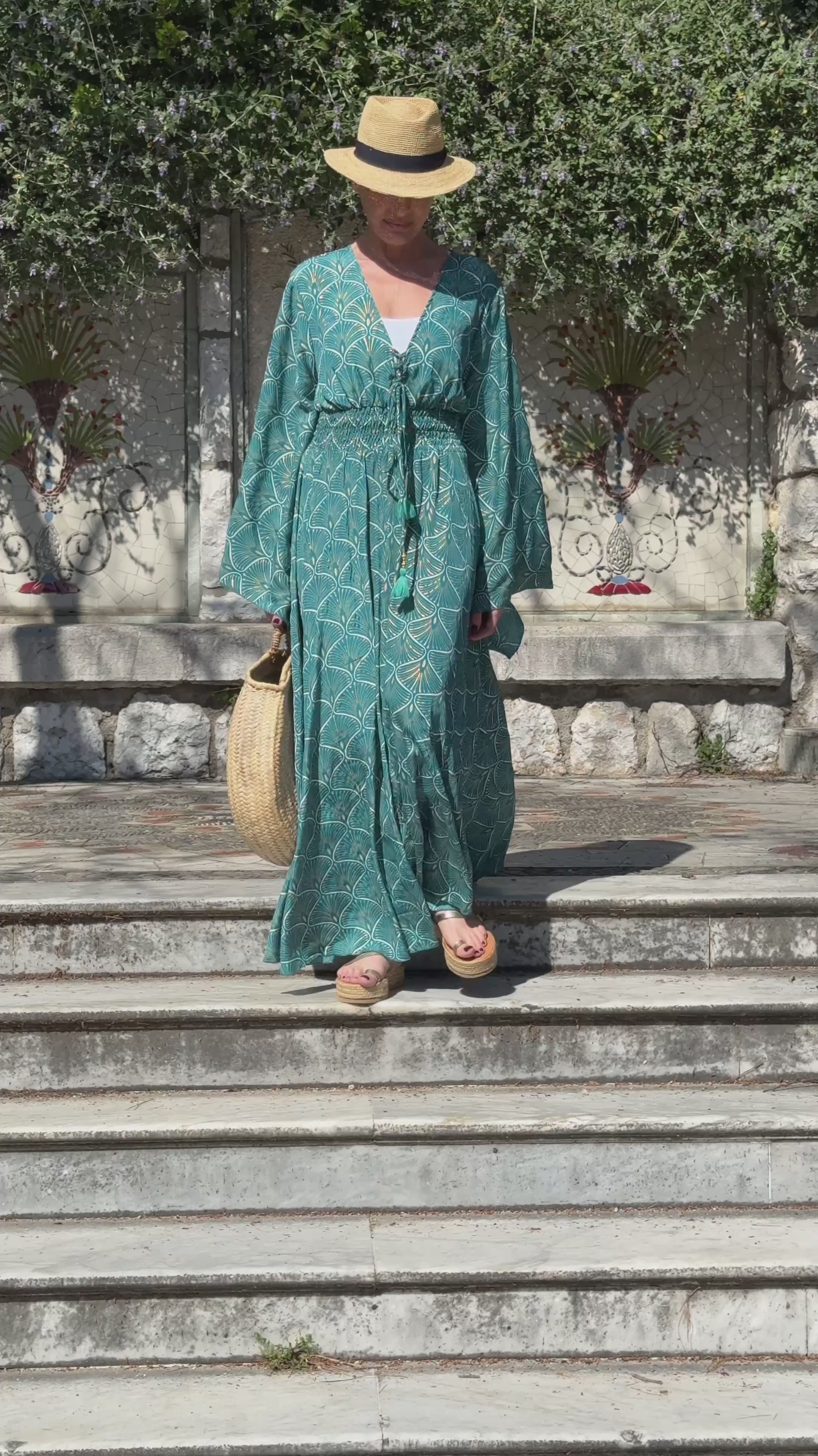 Long boho silk dress, vintage silk dress, plunging neckline dress, shirring dress, bohemian gypsy dress, summer dress
