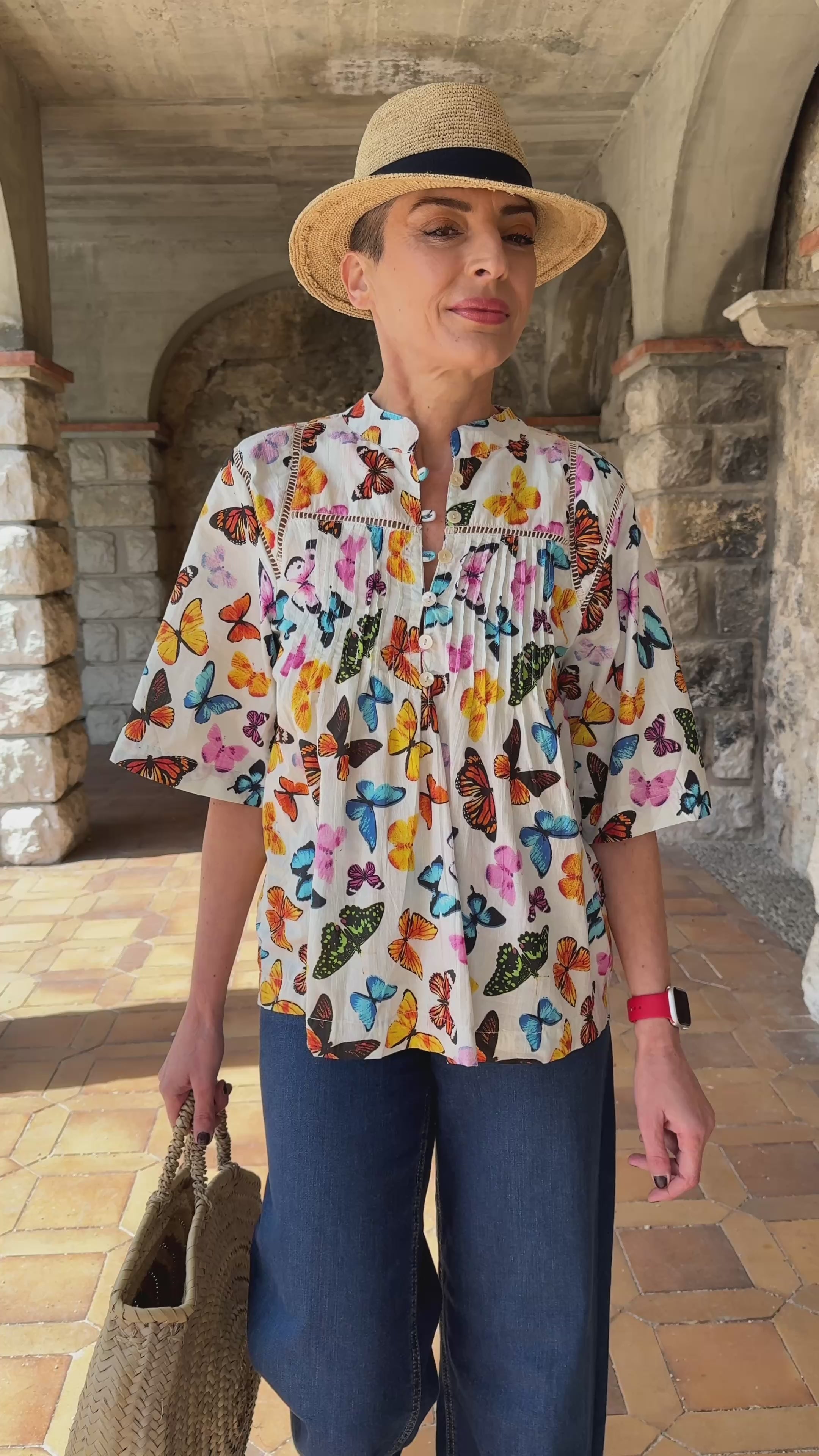 Women’s Cotton Block Print Blouse – Tunisian Collar, Short Sleeves, Flowy Fit