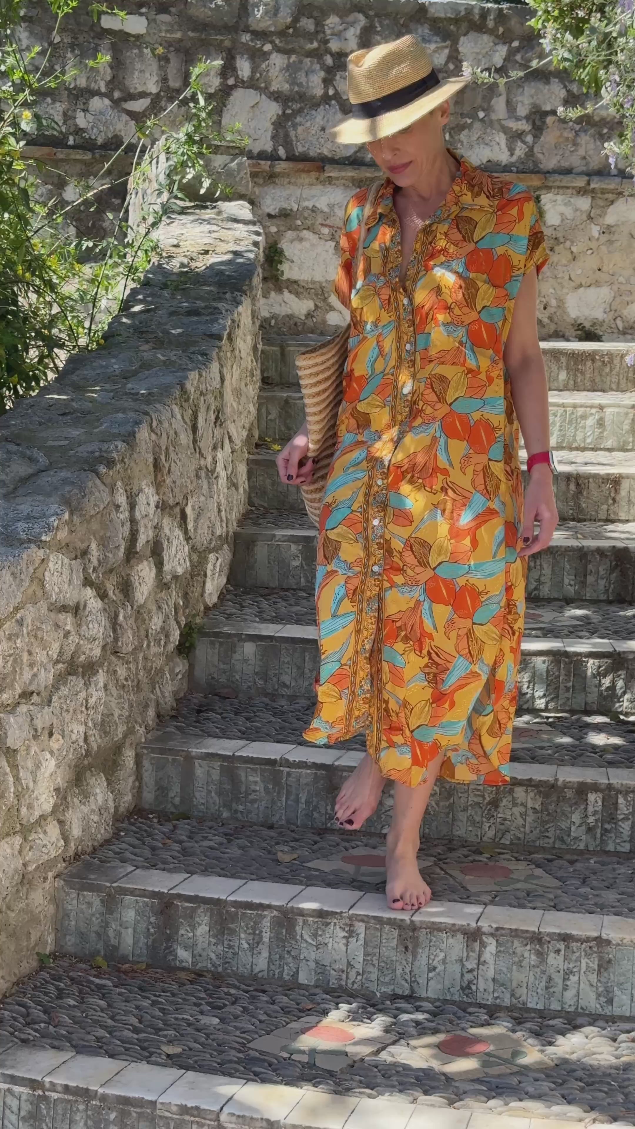 Long silk shirt dress – Short sleeve shirt dress – Vintage-inspired shirt dress – Flowy summer dress in boho chic style