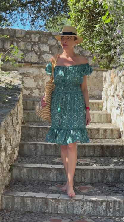 Boho Ruffled Short Dress / Off-Shoulder Dress / Vintage Silk Dress / Gypsy Short Dress / Bardot Neckline Dress