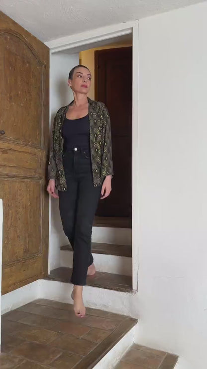 Black printed silk-blend kimono jacket shown in motion