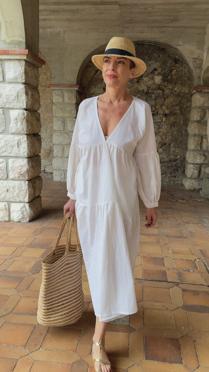 Boho Summer Maxi Dress in Linen – Loose Fit, Puff Sleeves