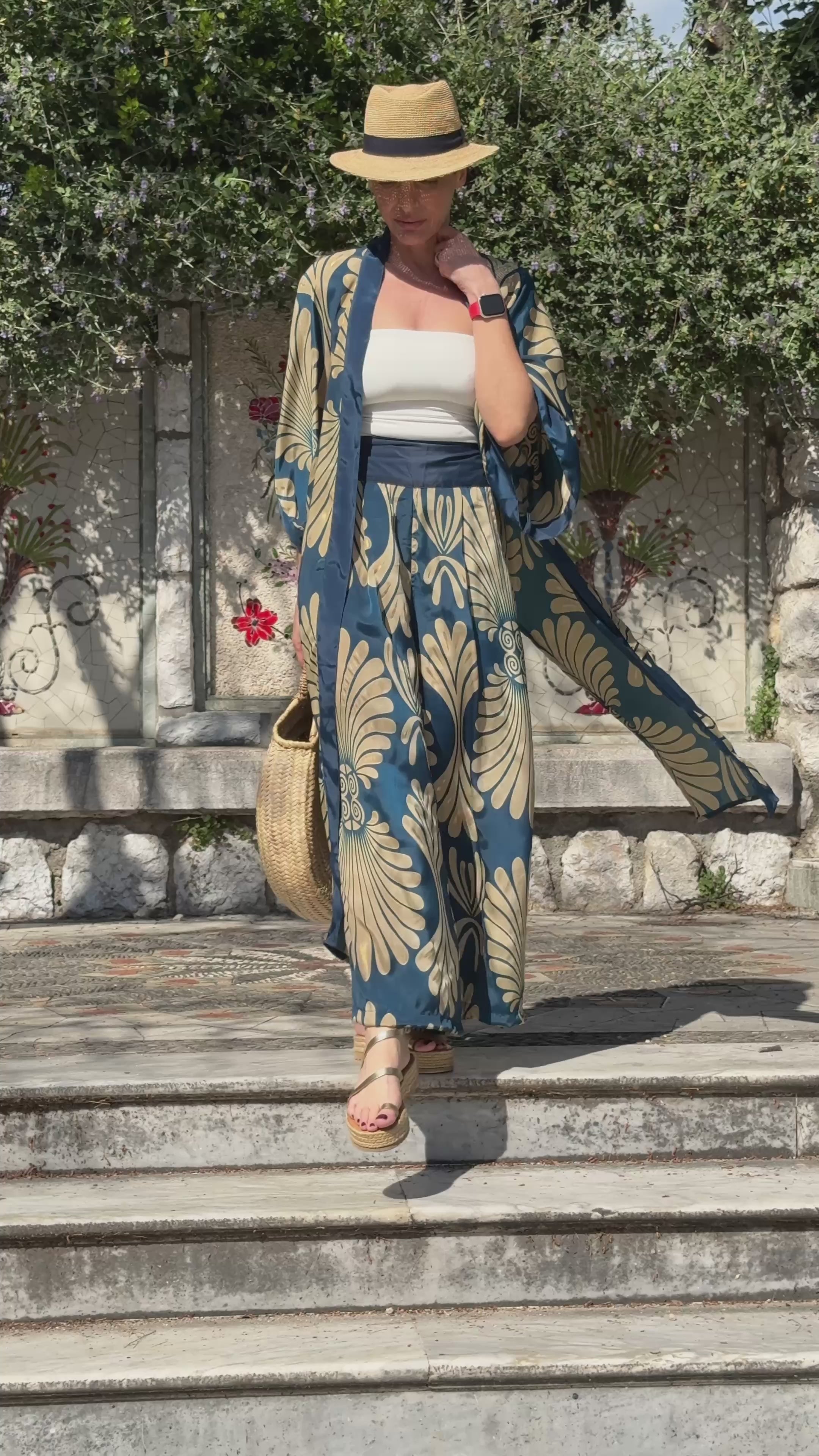 Ensemble kimono et pantalon palazzo en soie - Kimono style seventies - ensemble casual chic en soie - pantalon large en soie
