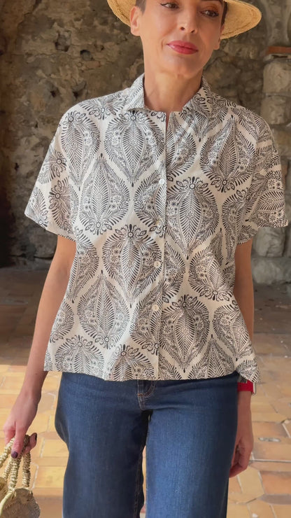 Women’s Cotton Block Print Blouse – 3/4 Sleeves, Coconut Buttons, Relaxed Fit