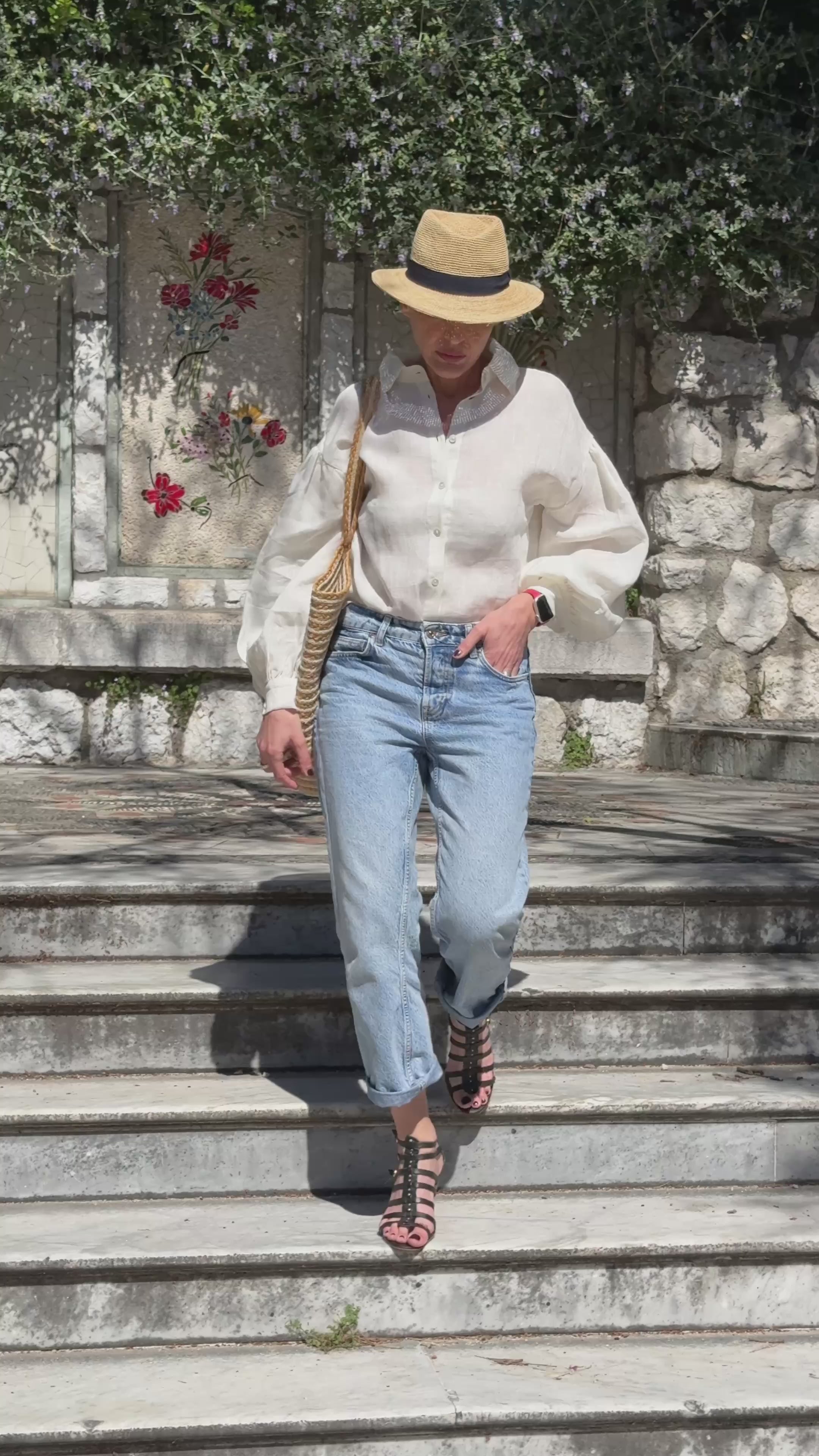 Loose-fit 100% Linen Blouse with Balloon Sleeves - Button-up Shirt - Buttoned Blouse - Long-Sleeve Shirt - Vintage Blouse