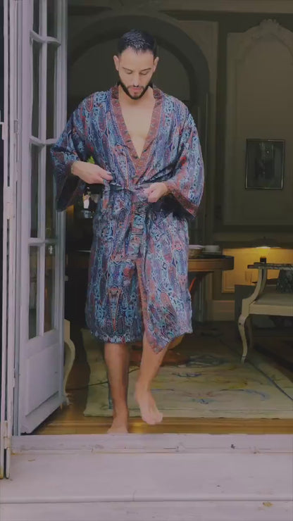 Men’s silk and rayon kimono shown worn, front and back