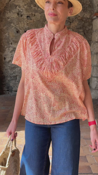 Women’s Cotton Block Print Blouse – Tunisian Collar, Short Sleeves, Flowy Fit