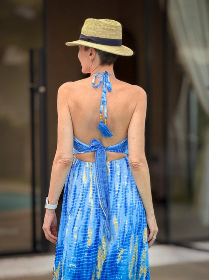 Backless Boho Maxi Dress in Silk – Gypsy Maxi Dress Blue & Gold