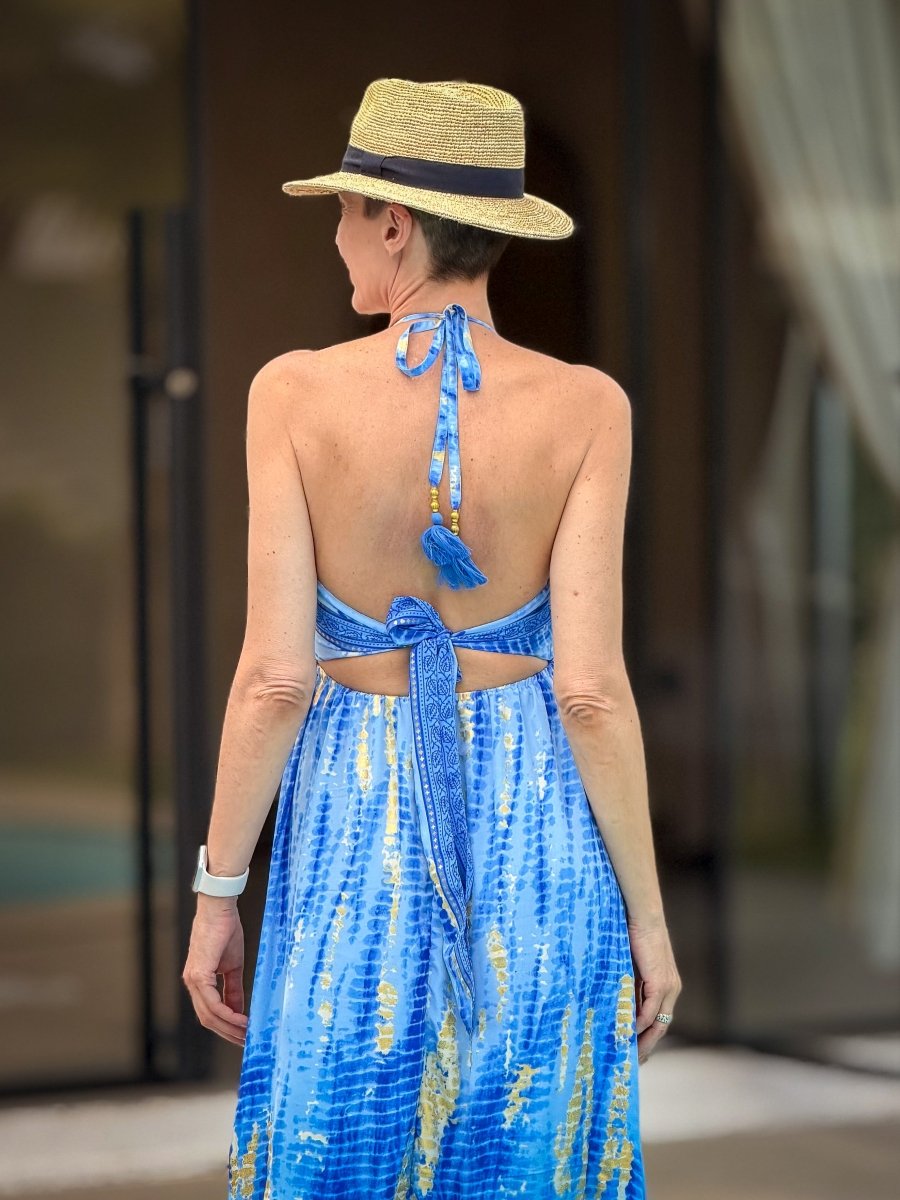 Backless Boho Maxi Dress in Silk – Gypsy Maxi Dress Blue & Gold