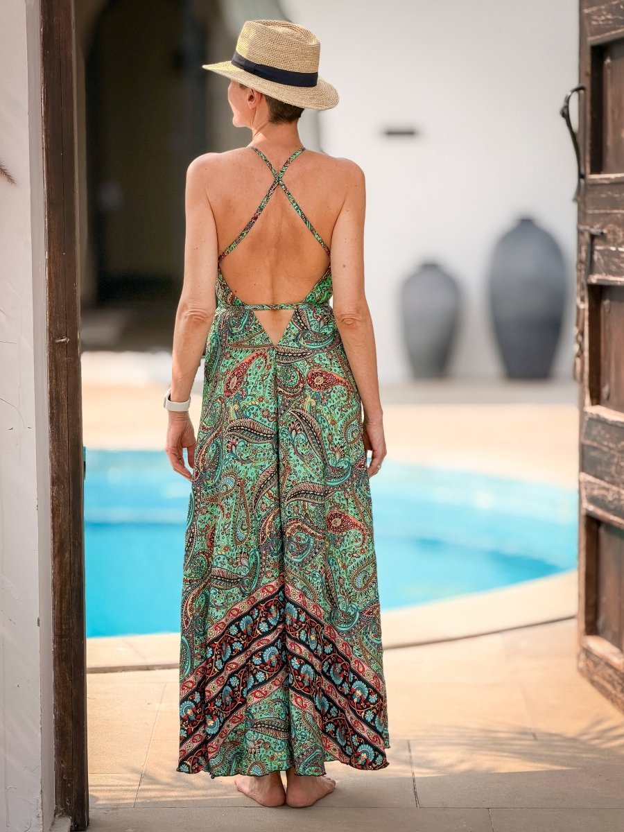 Silk backless dress – Boho summer style – Cross back straps