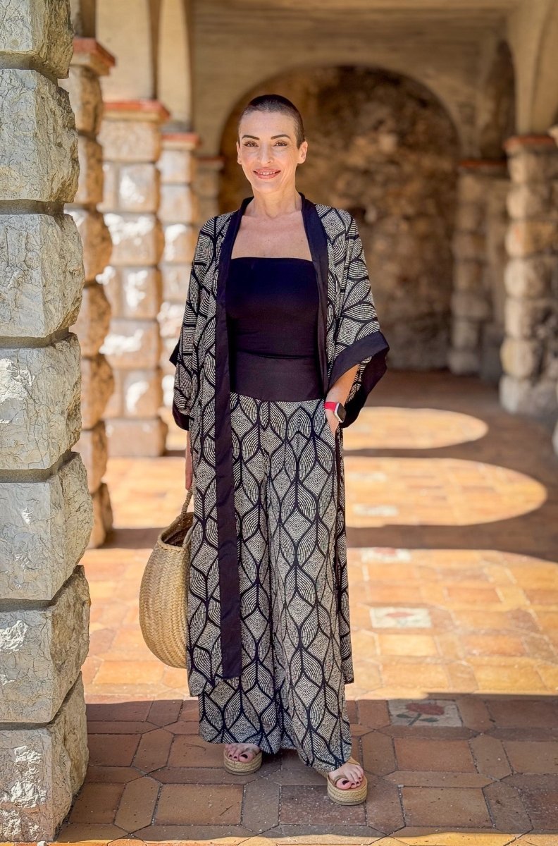 Silk kimono and palazzo pants set, seventies style kimono, casual chic silk set, wide leg silk pants, gift for her.