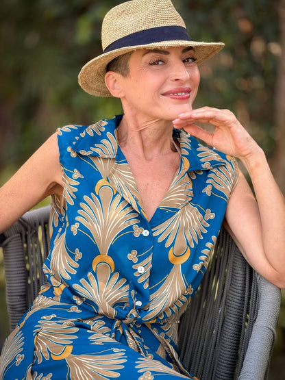 Boho silk set – sleeveless blouse & flowy wrap pants