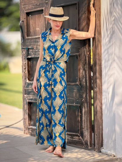 Boho silk set – sleeveless blouse & flowy wrap pants