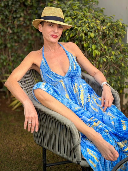 Backless Boho Maxi Dress in Silk – Gypsy Maxi Dress Blue & Gold