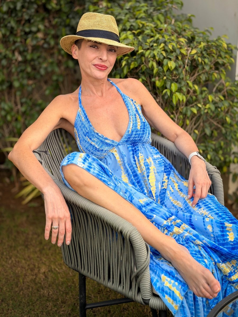 Backless Boho Maxi Dress in Silk – Gypsy Maxi Dress Blue & Gold