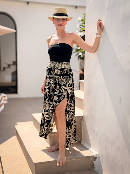 Boho long silk skirt with slit, adjustable waist, fluid fit