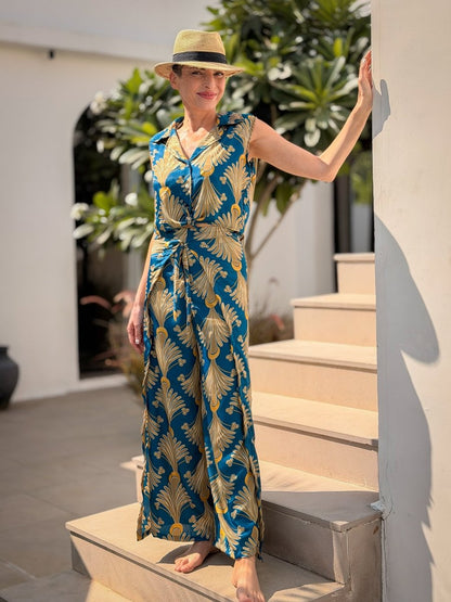 Boho silk set – sleeveless blouse & flowy wrap pants