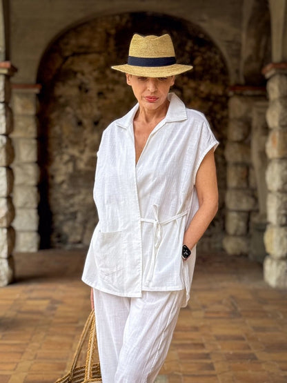 White Linen Kimono & Pants Set – Natural Elegance and Artisanal Comfort