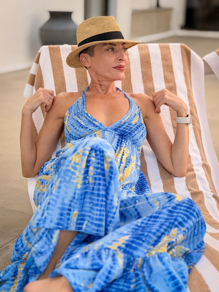 Backless Boho Maxi Dress in Silk – Gypsy Maxi Dress Blue & Gold