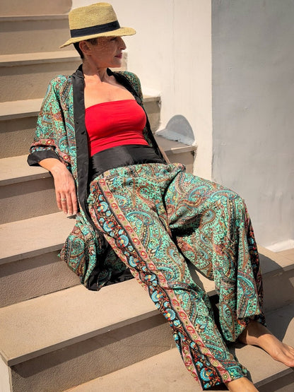 Silk palazzo set – wide leg pants women – boho chic kimono outfit
