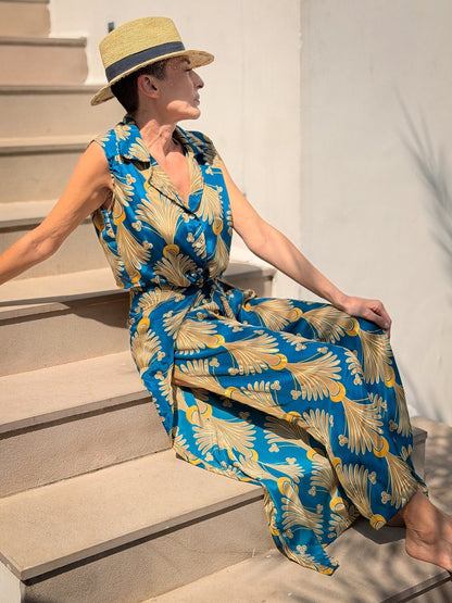 Boho silk set – sleeveless blouse & flowy wrap pants