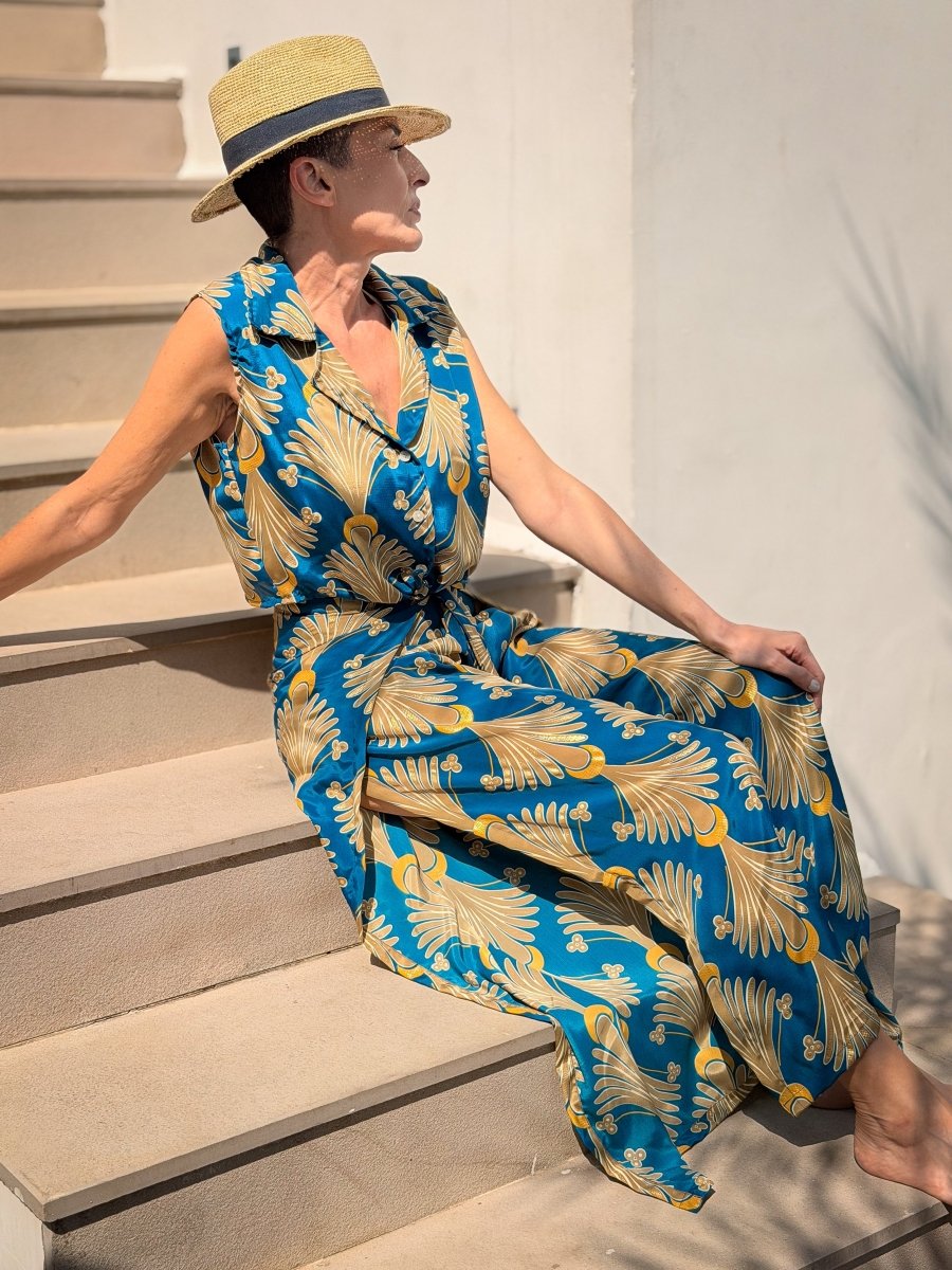 Boho silk set – sleeveless blouse & flowy wrap pants