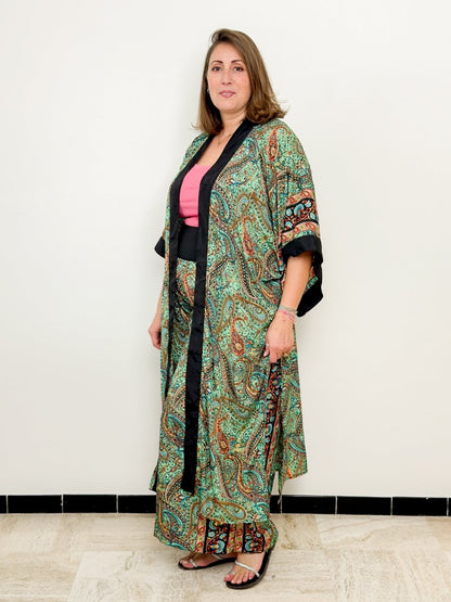 Silk palazzo set – wide leg pants women – boho chic kimono outfit
